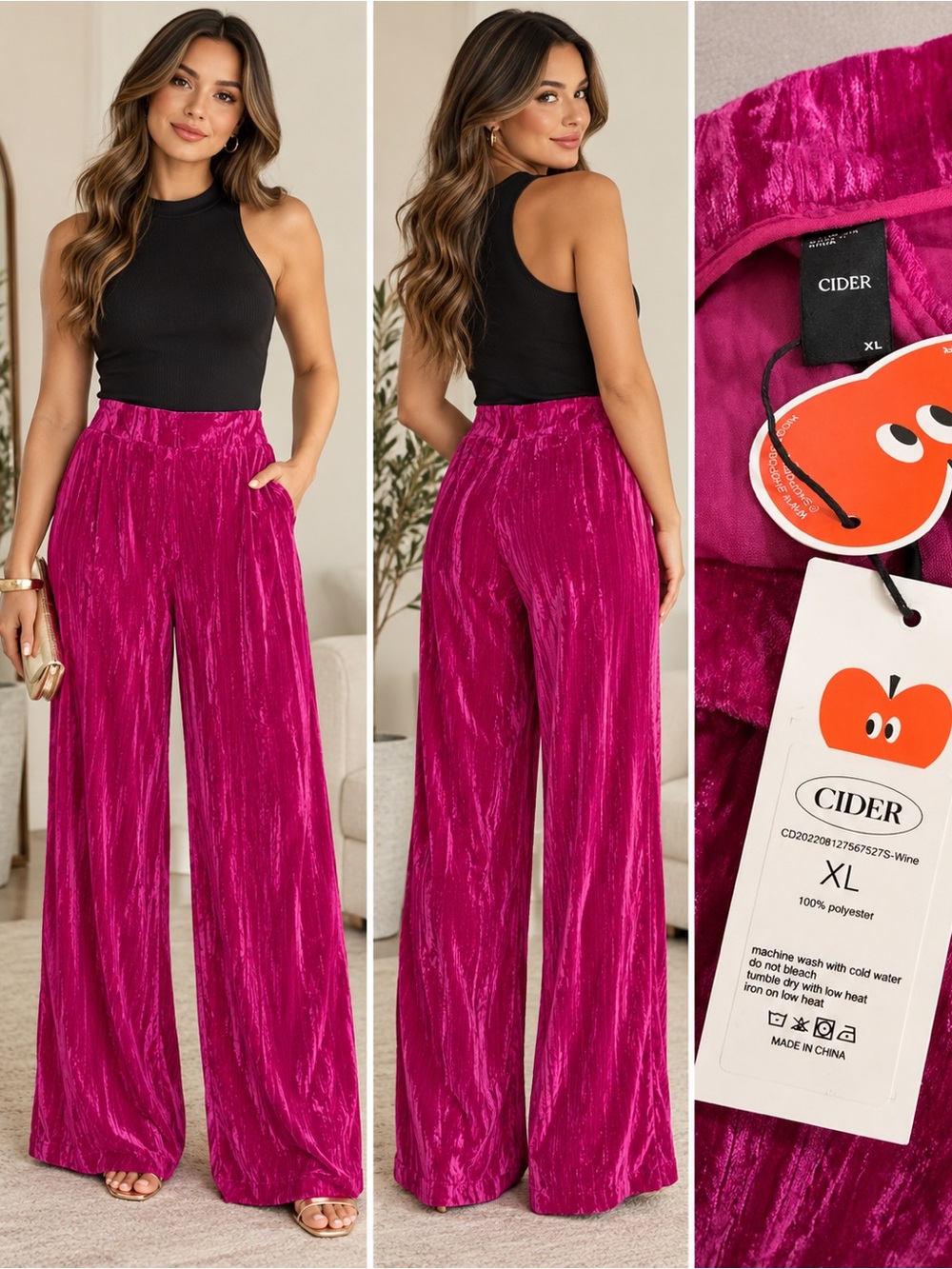 NWT Cider Women's Wide-Leg Velvet Statement Wide Leg Pants โ Fuchsia